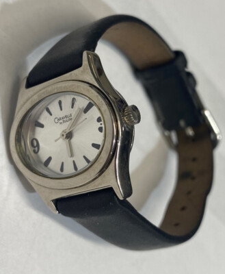Women's Caravelle By Bulova Watch Silver Tone Black Leather Band