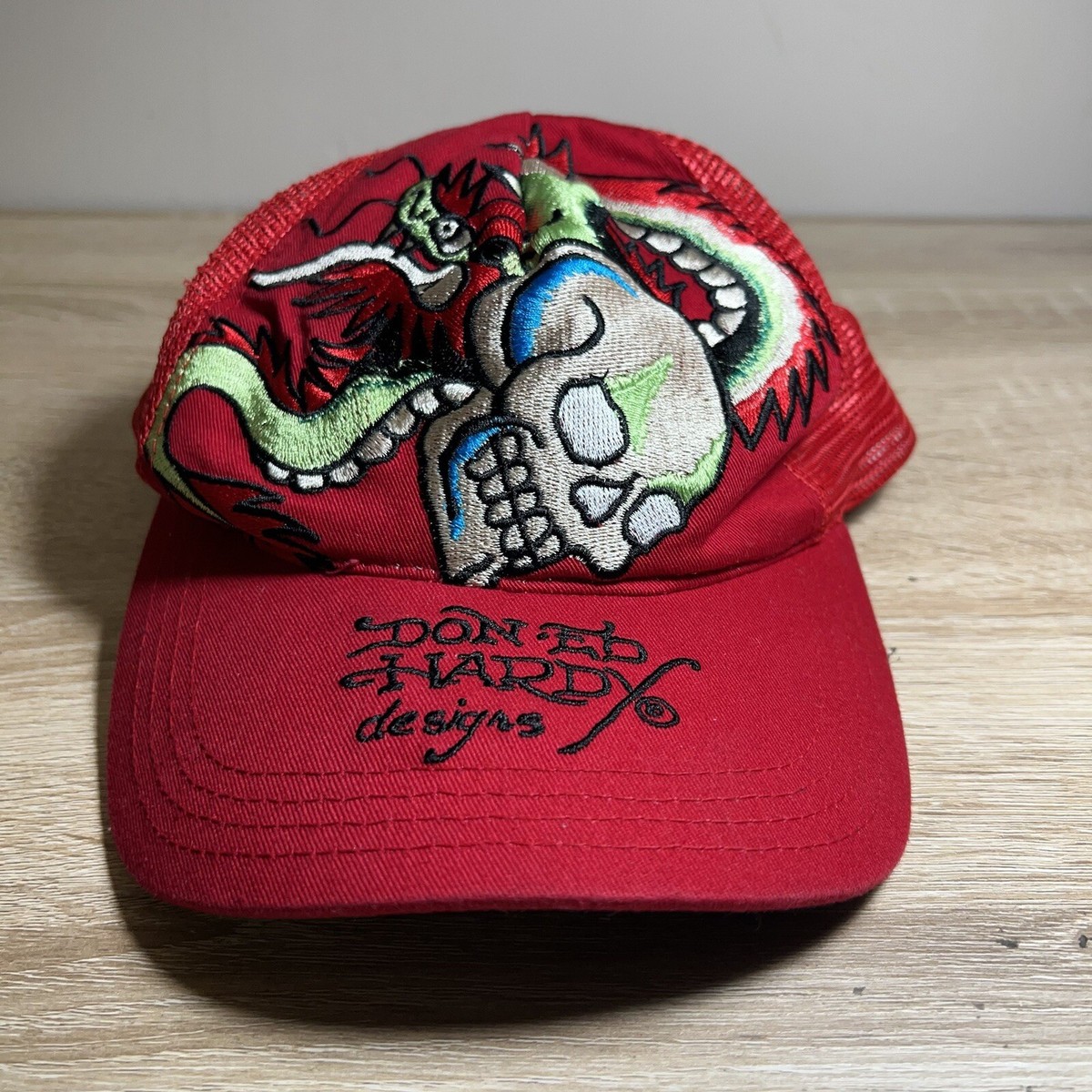 Don Ed Hardy Christian Audigier Skull Trucker Embroidered Red