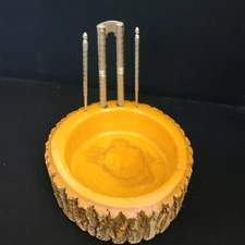 Vintage Unique Wood Tree Bark Nut Cracker Bowl with Metal Nutcracker and 2 Picks