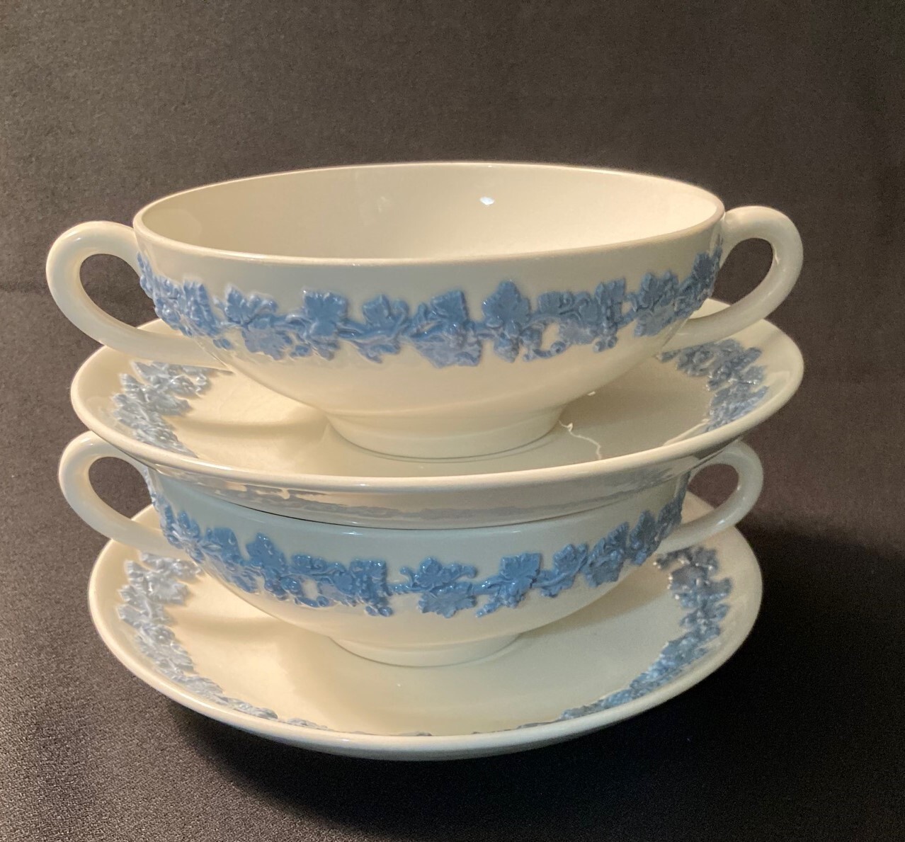 2 Wedgwood Queensware Lavender Blue on Cream Soup Bowls With Handles