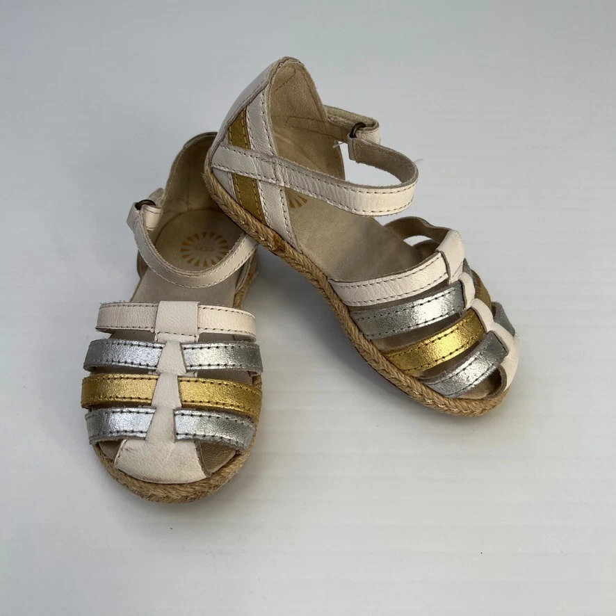 Ugg Shoe Girl 8 Toddler Josiah Espadrille Ankle Strap Gold Silver Metallic Ex - Image 2 of 4