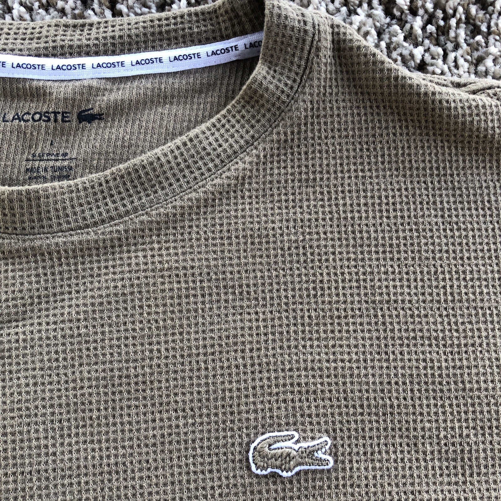 Lacoste Sleepwear Shirt Mens Size L Khaki Tan Thermal Long Sleeve Embroider Logo thumbnail 3