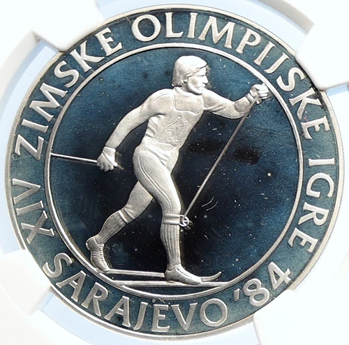 1984 YUGOSLAVIA '84 Olympic SARAJEVO Skier Proof Silver 500D Coin NGC i105697