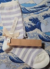 Alto Milano Womens Linen Short Socks Lurex Stripe Cream Lilac Medium UK3-5 36-38