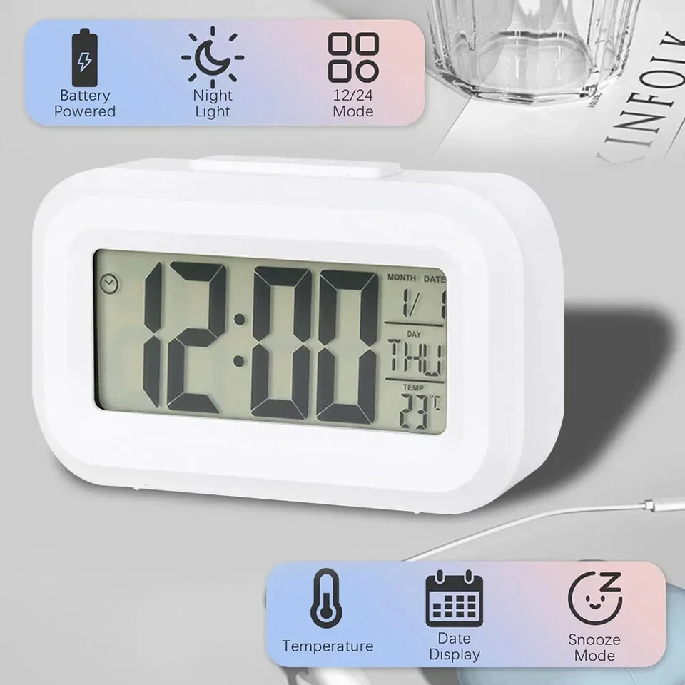 New Digital Bedside LED Snooze Alarm Clock Time Temperature Day/Night Mode Clock - Image 3 of 4