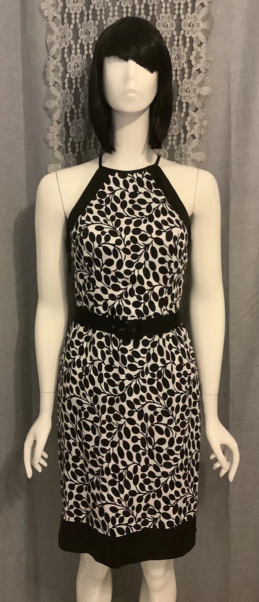 London Times Black White NWT Classy Dress w Belt Keyhole Back Size 6 E72