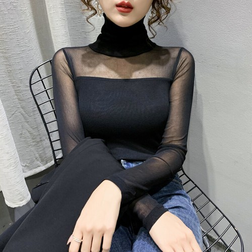 Womens Sexy Turtleneck Pullover T-Shirts Mesh Long Sleeves Slim Fit Tops Party - Picture 12 of 37