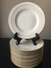 Set 12 Vtg Beige KPM Kjobenhavns Denmark Copenhagen Dessert Plates Gold Trim D6”