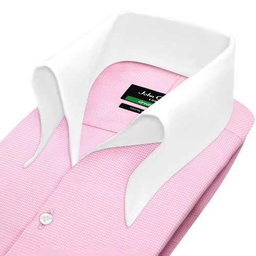 Men High Open Button Down Collar Buttonless Pink Houndstooth Formal Events Shirt - Picture 7 of 11
