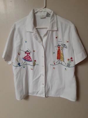 White Stag Women's Size XL Short sleeve patch work embroidery shirt 16-18 white