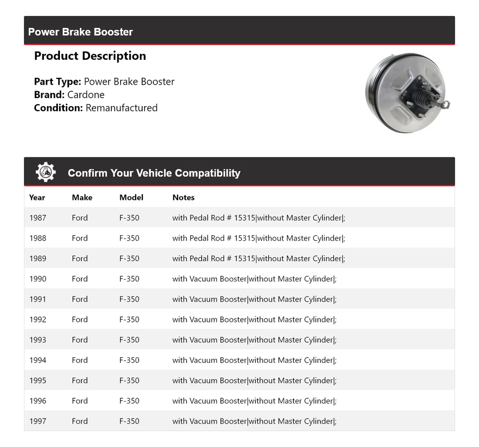 Para Ford F-350 1987-1997 Power Brake Booster Cardone 1988 1989 1990 1991 1992 Foto 2 de 4