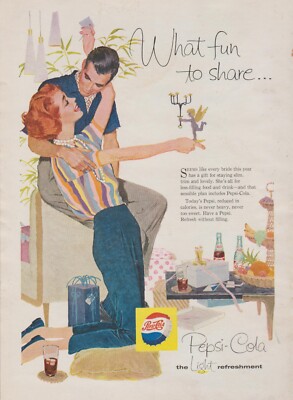 1958 Pepsi-Cola - ''What Fun To Share'' Newlywed Couple Gifts Soda - Print Ad Art