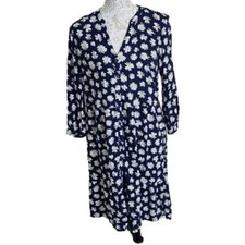 Old Navy Shirt Dress 3/4 Sleeve Navy Blue Daises Print Ruffle Hem Women's Medium