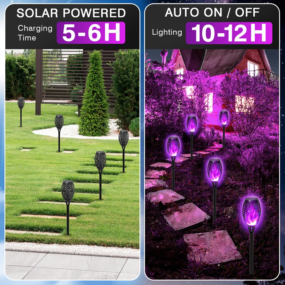 6 Pack 12-LED Solar Flame Torch Landscape Lights Outdoor Garden Pathway Lamps - Image 2 of 4