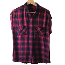 Rails Britt Cap Sleeve Plaid Flannel Shirt Small Short Sleeve Red Plaid 