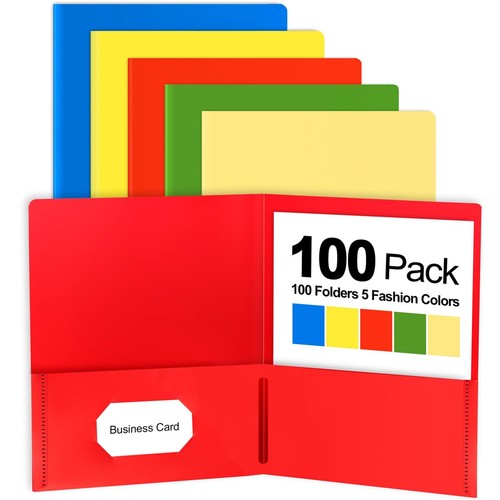 100 Pack Plastic Folders with Pockets, 5 Color Heavy Duty Two Pocket ...