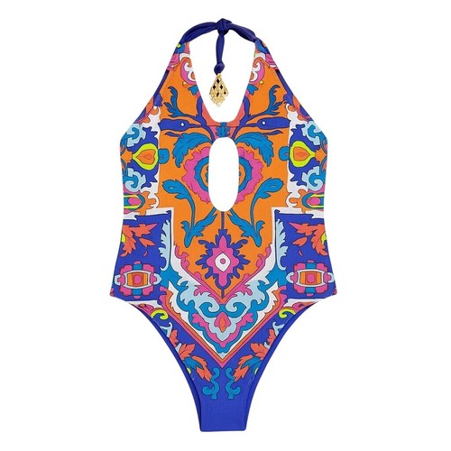 Trina Turk Women 10 Swimsuit Tapestry Print Halter Plunge Keyhole One ...