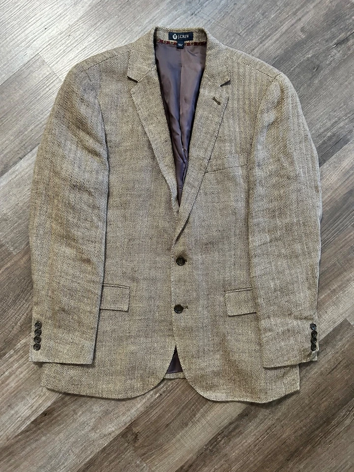 J Crew Ludlow slim beige brown herringbone linen blazer sport coat jacket 40R - Image 2 of 4