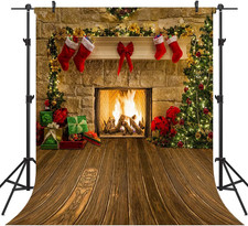 5X7FT Christmas Fireplace Theme Backdrop for Photography Tree Sock Gift Decorati