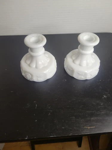 Vintage Westmoreland White Milk Glass Paneled Grape Taper Candle Holders 4"