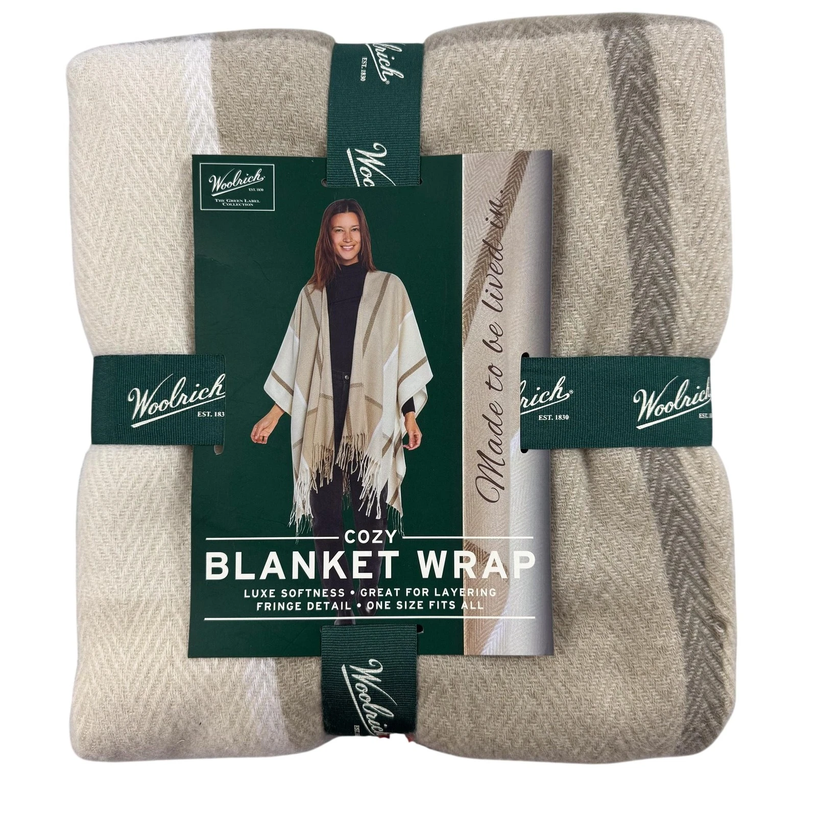 Woolrich Blanket Wrap Womens One Size Beige Plaid Fringe Shawl Poncho NEW $70