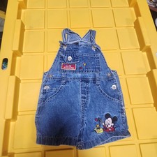 Vtg Disney Embroidered Mickey Mouse Fishing Baby Denim Overalls Shorts 0/3 A11