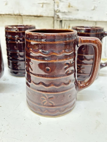6 Vintage Hull Marcrest Brown Daisy Dot Stoneware Coffee Cup Mug Beer Stein 5”