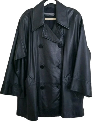  VTG LINDA ALLARD ELLEN TRACY BLACK SOFT LEATHER PEACOAT HUGE SIZE 16  BUST 54"