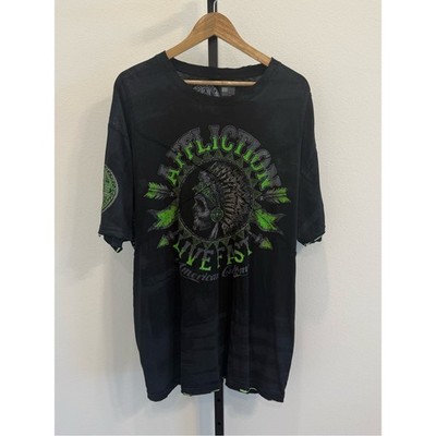 Affliction Live Fast Black Tee with Neon Green Skull Native Graphic Grunge 3XL
