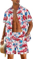 COOFANDY Men's Hawaiian Shirt and Shorts Summer Beach Resort 2 PC Outfit Small