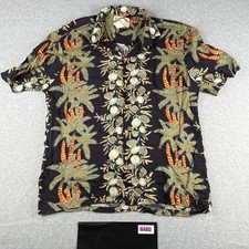 Paradise Found Shirt Large Black Tropical Print USA Made Button Up Short Sleeve