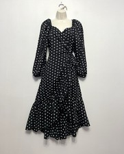 In The Style Black Polka Dot Wrap Over Tie Ruffle Puff Sleeve Midi Dress UK 10