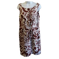 Donna Morgan Brown Cream Tropical Floral Linen Tie Waist Dress 8 Coastal Boho