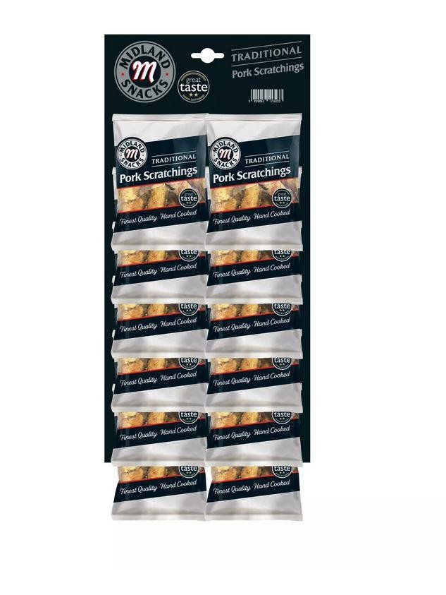 Midland Snacks Traditional Pork Scratchings 40g - Pack of 12 (Pub Card)