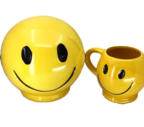 Vintage 1970's McCoy Pottery USA Smiley Face Bank & Mug HAPPY SET
