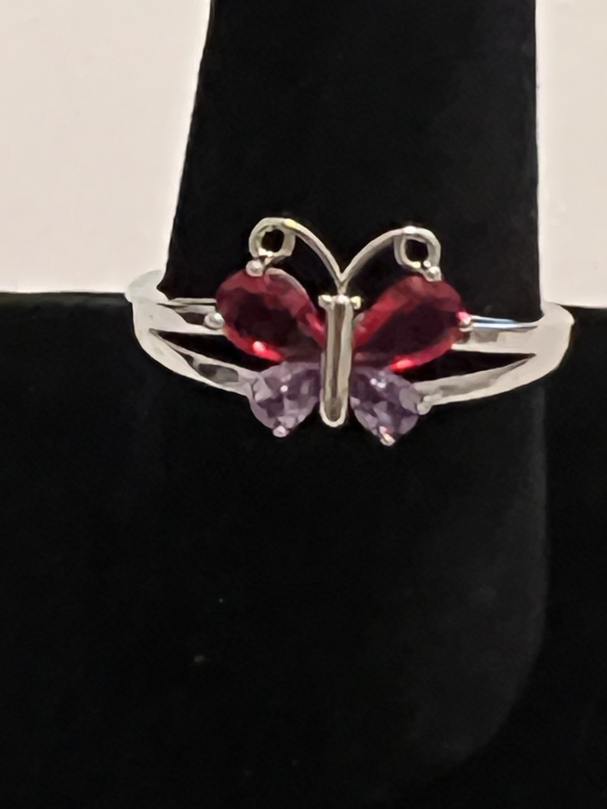 Simulated Ruby & Amethyst Butterfly Ring 925 Silv… - image 1