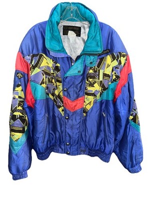 Vtg Descente Ski Jacket Mens Purple Multi Retro Insulated XXL Concealed Hoodie
