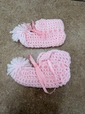 Vintage Crochet Pink/White Newborn Ankle Booties Tie Closure Bows Pom-Poms