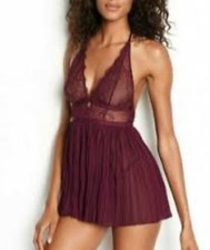 Victoria  s Secret Lace Babydoll Lingerie Dress Burgundy Sz Small Coquette