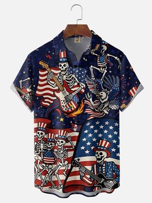 American Flag Playing Guitar Skull Man Chest Pocket Holiday Shirt