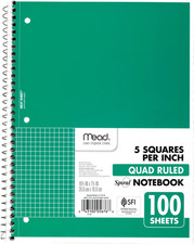 Spiral Notebook, 1-Subject, Graph Ruled Paper, 7-1/2" X 10-1/2", 100 Sheets, Col