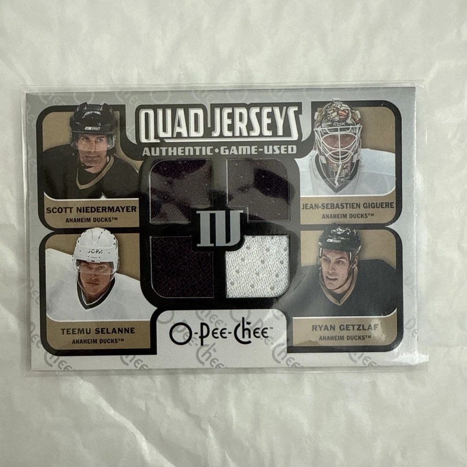 2007-08 O-Pee-Chee UD Quad Jersey Selanne/Niedermayer/Giguere/Grtzlaf Juego Usado Foto 4 de 4