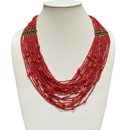 Chicos Seed Bead Necklace Red Multi Strand Metal Faceted Beaded Statement - Bild 1 von 5