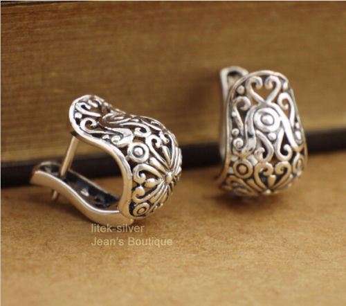 925 Sterling Silver Retro Filigree Oriental Huggie Hoop