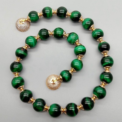 14mm Green Tigers Eye Smooth Round Necklace 18.5" Cz pave Clasp - Picture 2 of 7