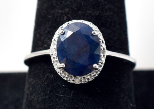 Genuine Blue Sapphire and Diamond Ring in Sterling Silver 2.7grams Size 9.5