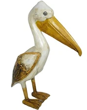 HAND CARVED PELICAN COASTAL SEA OCEAN BIRD WOOD SCULPTURE TROPICAL ISLAND ART