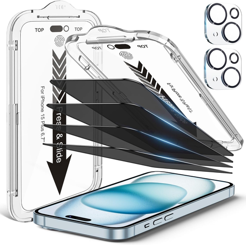 -4 Pack Iphone 15 plus Privacy Screen Protector(6.7'') with [2 Pcs Camera Lens P