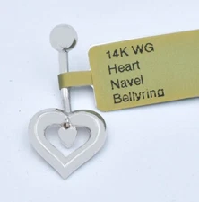 HEART NAVEL BELLY RING 14K WHITE SOLID GOLD - Free Shipping - Made in USA