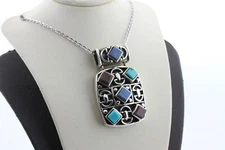 SU Thailand Sterling Silver 925 Multi Stone Inlay Artisan Deisgn Slide Pendant